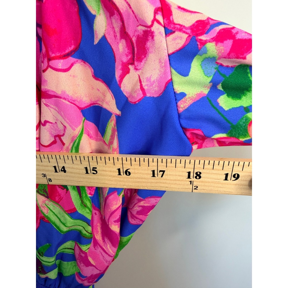 Fashion Nova One Shoulder Maxi Dress Blue Pink Floral Kimono Sleeve Tropical L - Picture 3 of 6